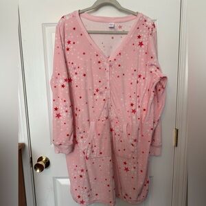 EUC Sleep Chic Pink Star-Print Button-Front Nightgown with Pockets Sz XL